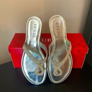 GUESS silver thong sandals with bedazzled straps